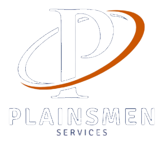 Logo for Plainsmen Services featuring an orange swoosh surrounding a large, stylized letter P.