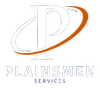 Logo for Plainsmen Services featuring an orange swoosh surrounding a large, stylized letter P.