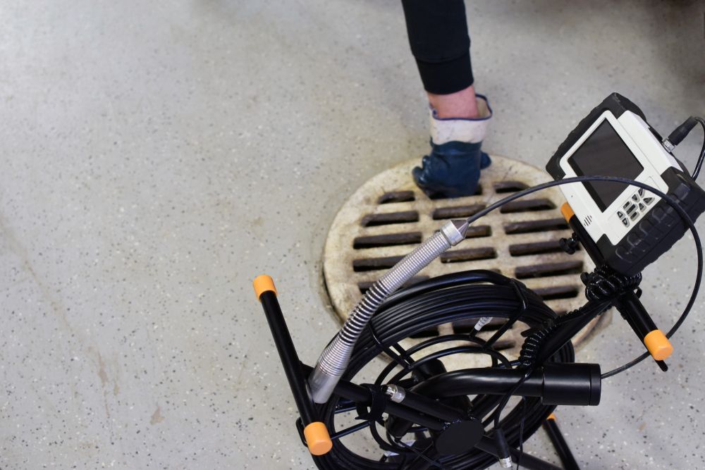 A gloved hand prepares a sewer inspection camera reel next to a circular floor drain on a concrete surface.