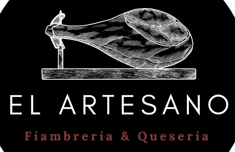 Logo de El Artesano, fiambería y quesería, con un jamón sobre fondo negro y texto blanco y rojo