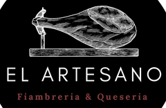 Logo de El Artesano, fiambería y quesería, con un jamón sobre fondo negro y texto blanco y rojo