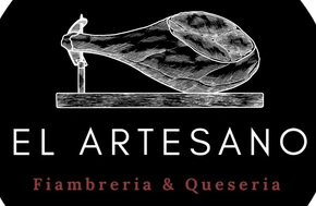 Logo de El Artesano, fiambería y quesería, con un jamón sobre fondo negro y texto blanco y rojo