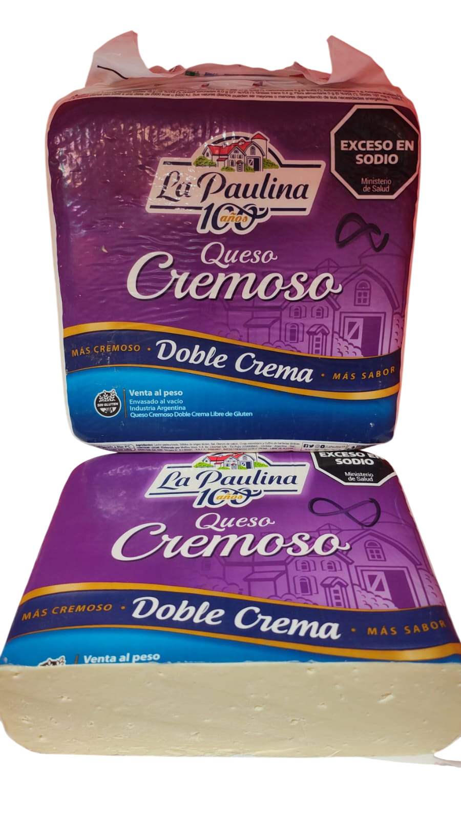 Dos paquetes morados de queso La Paulina Queso Cremoso Double Crema sobre un fondo blanco.