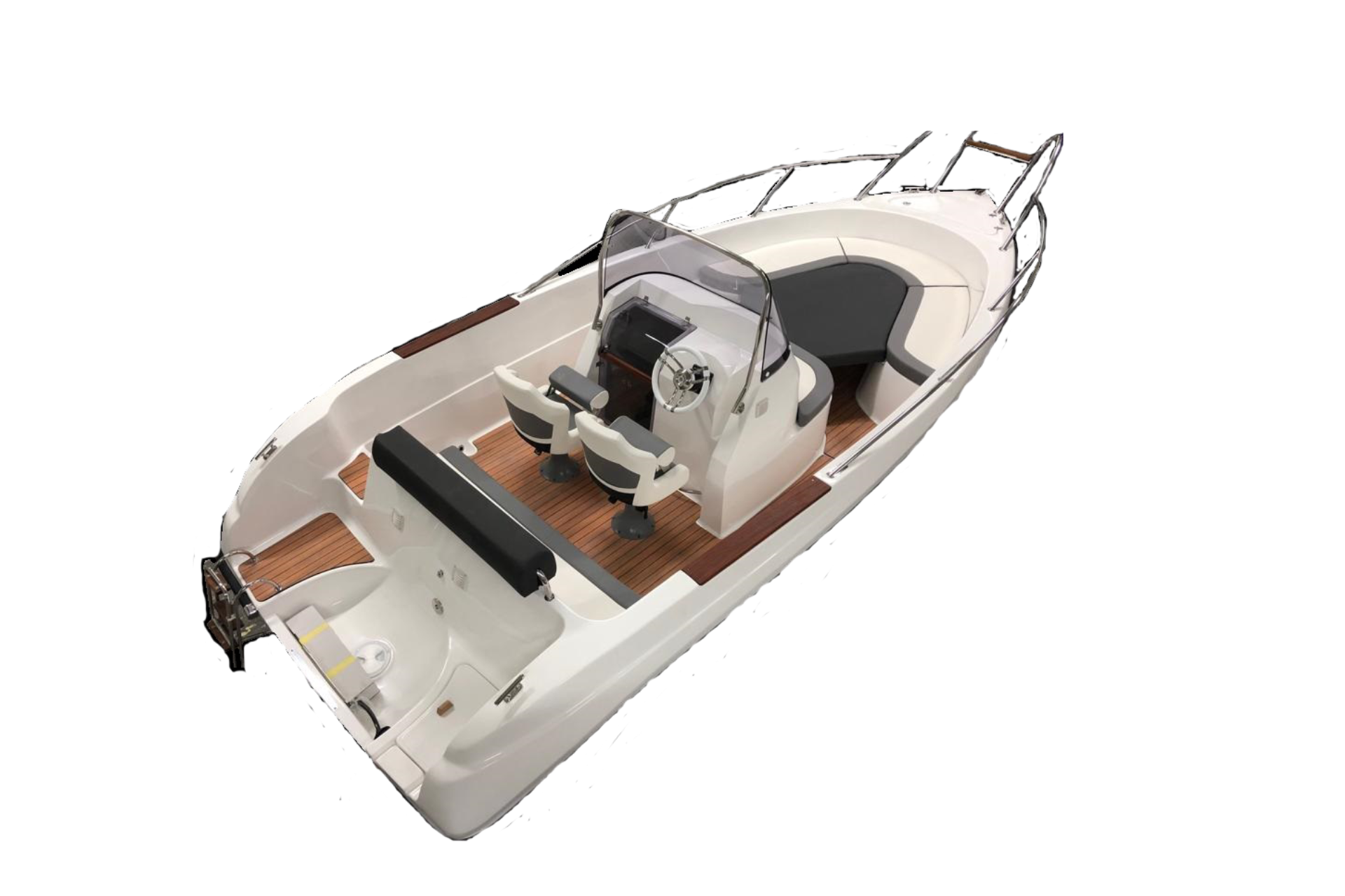 Een witte en bruine boot met een motor op een witte achtergrond.