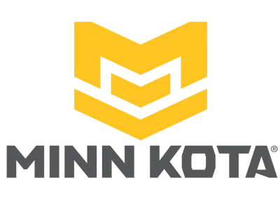 Een geel en zwart logo voor Minn Kota op een witte achtergrond
