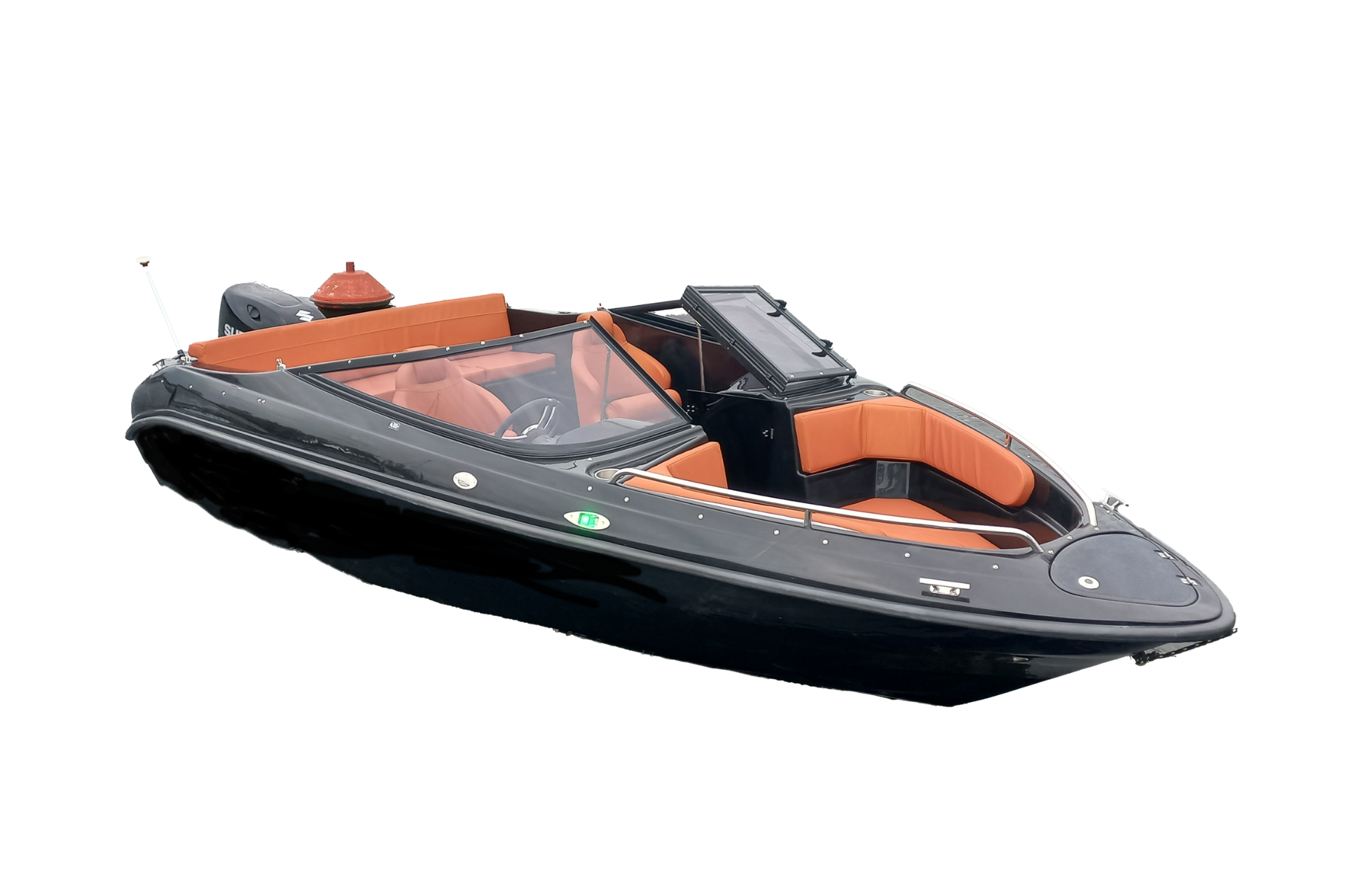 Een zwart-oranje speedboot op een witte achtergrond.