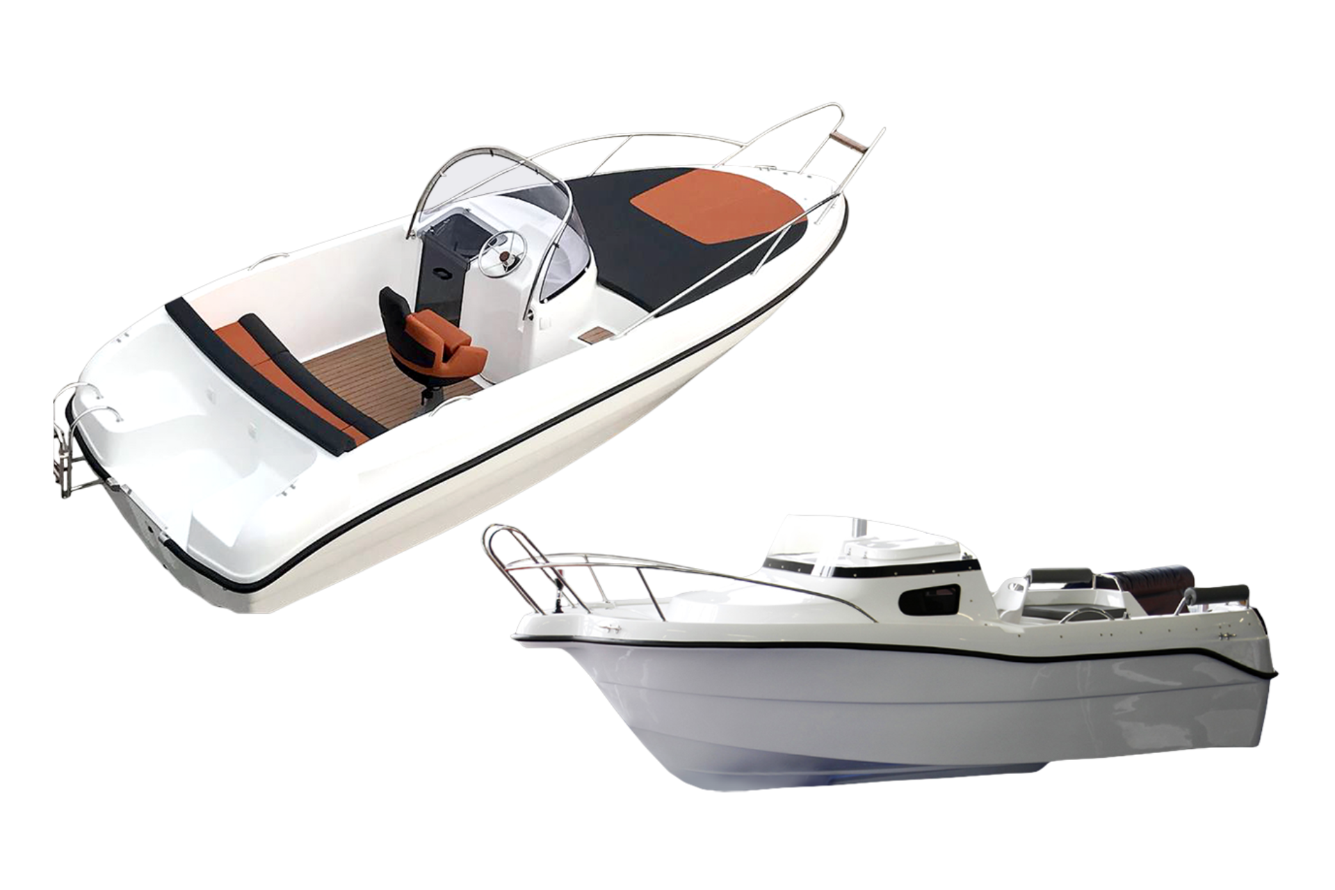 Twee boten liggen naast elkaar op een witte achtergrond.