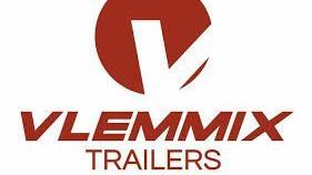Een rood-wit logo voor vlemmix trailers op een witte achtergrond.