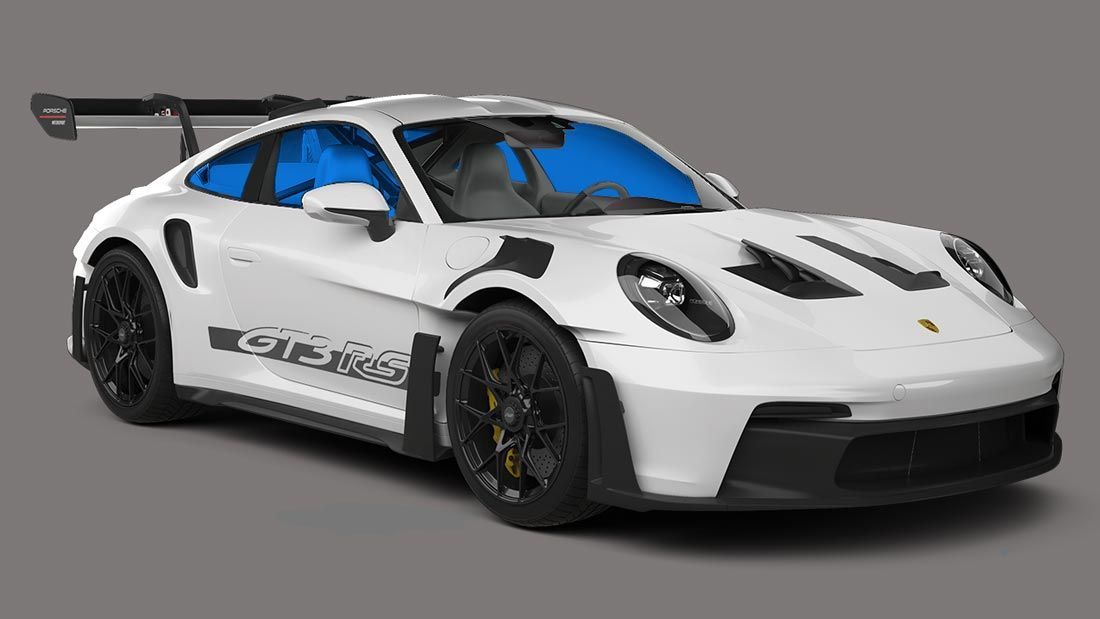 A white porsche 911 gt3 rs with blue windows on a gray background.