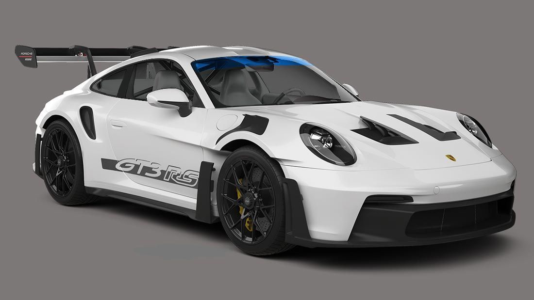A white porsche 911 gt3 rs is on a gray background.