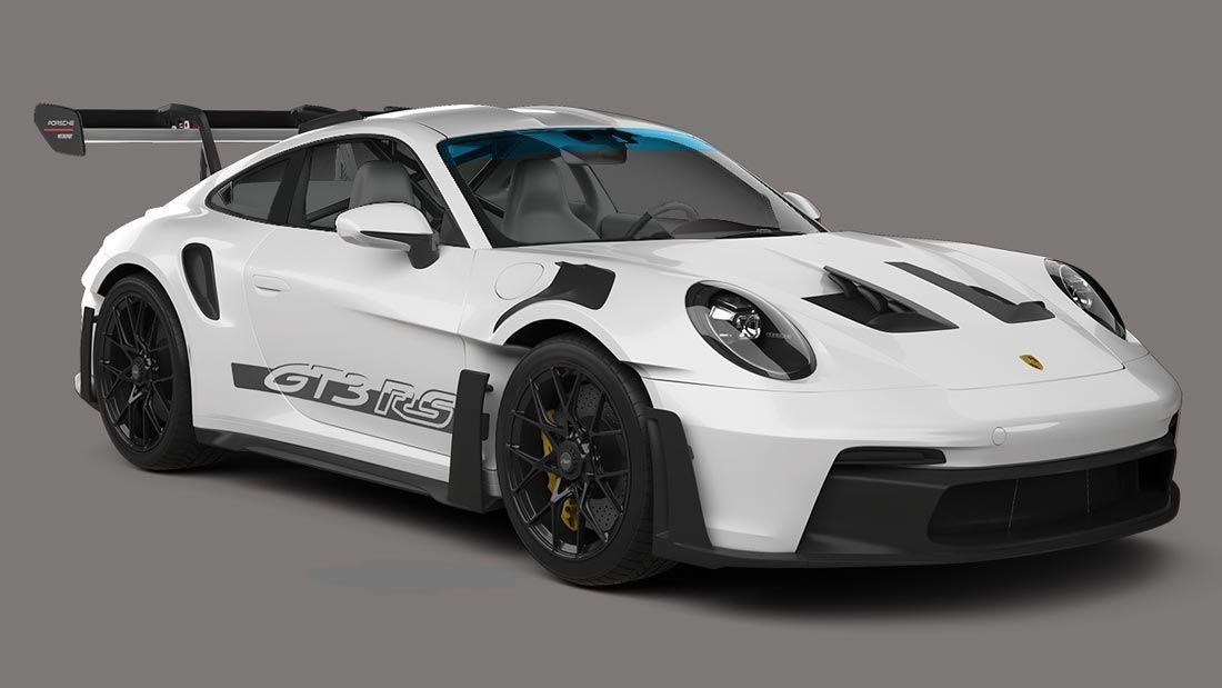 A white porsche 911 gt3 rs is on a gray background.