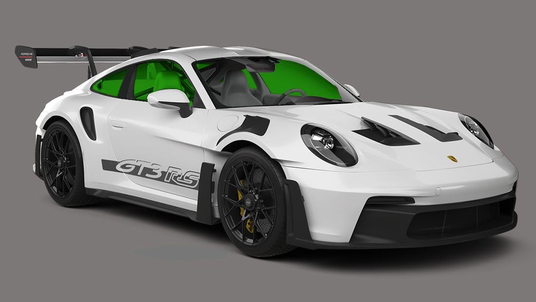 A white porsche 911 gt3 rs with green windows on a gray background.