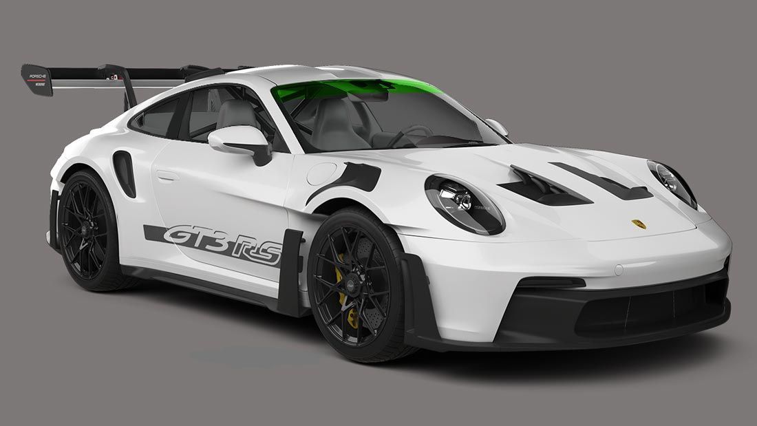 A white porsche 911 gt3 rs is on a gray background.