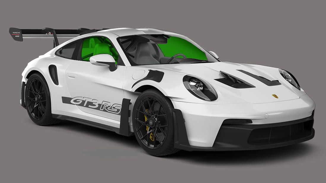 A white porsche 911 gt3 rs with green seats on a gray background.