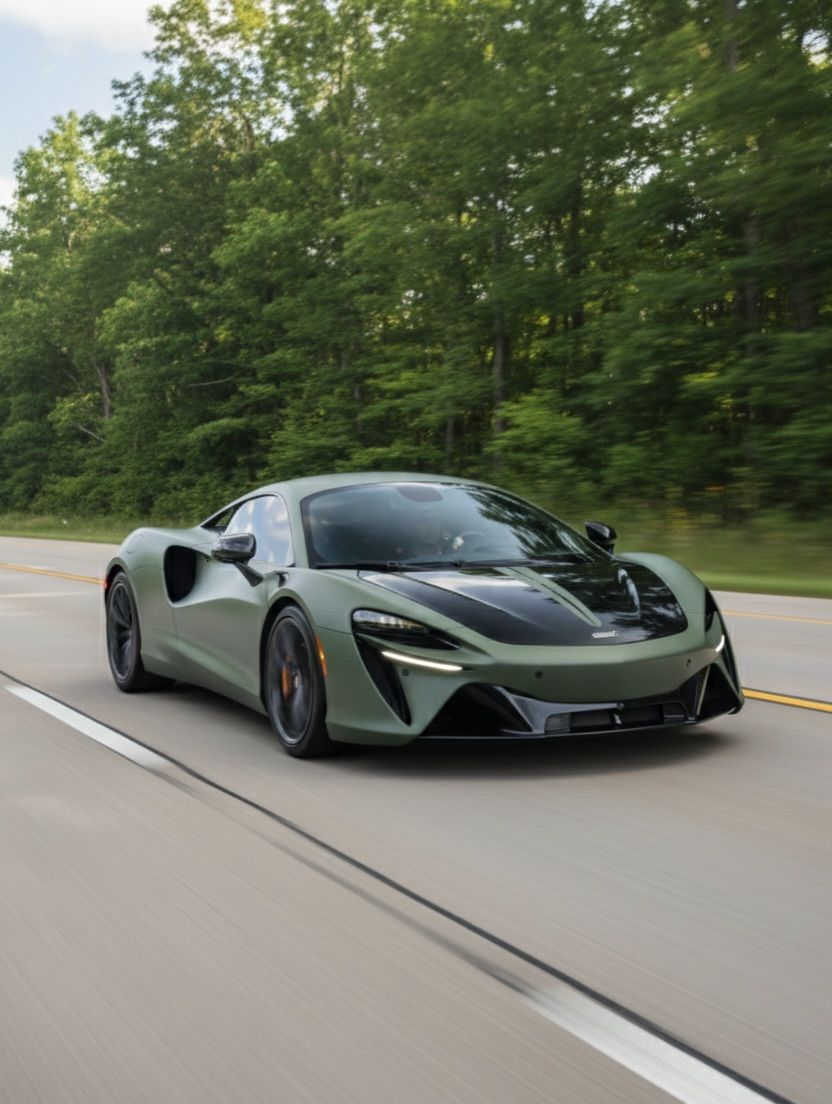 A matte olive-green McLaren Artura sports car driving on a paved road lined with trees.