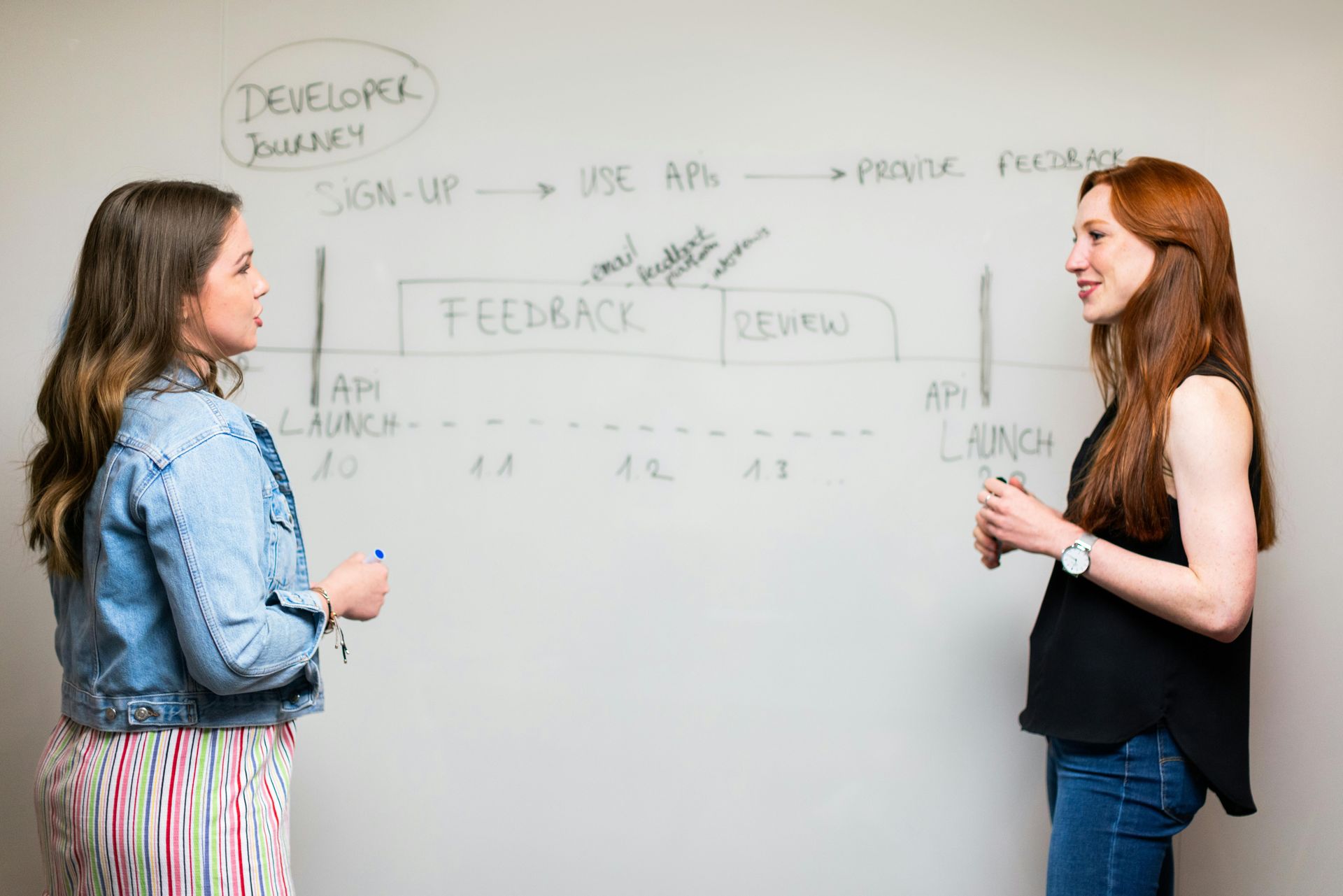 Two women are standing next to each other in front of a whiteboard.