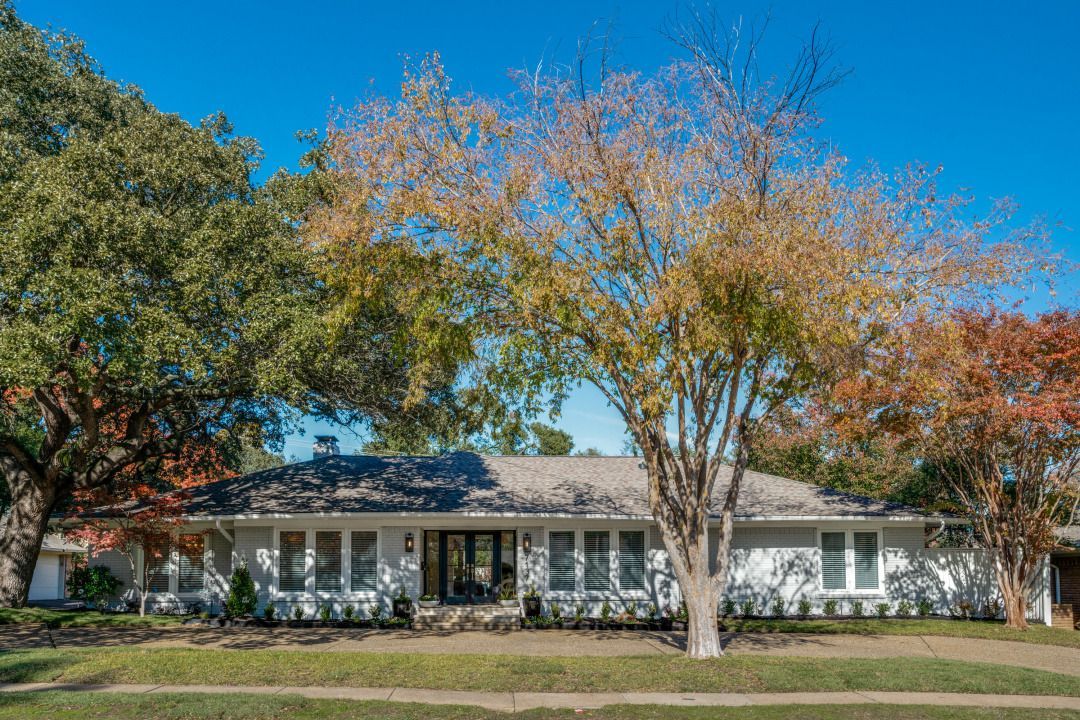 A white house with a large tree in front of it.