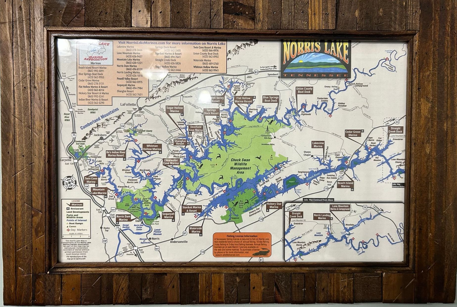 A map of Norris lake in a wooden frame