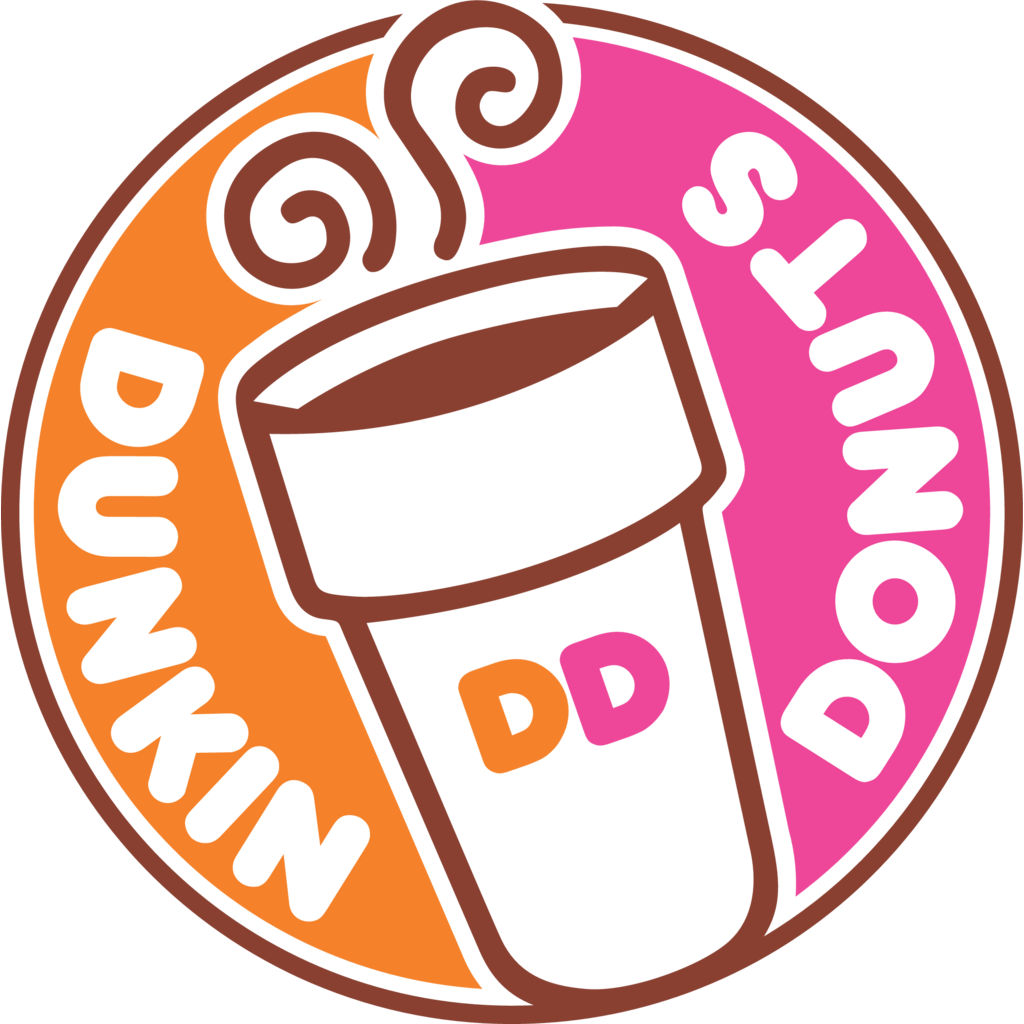 A dunkin donuts logo with a cup of coffee