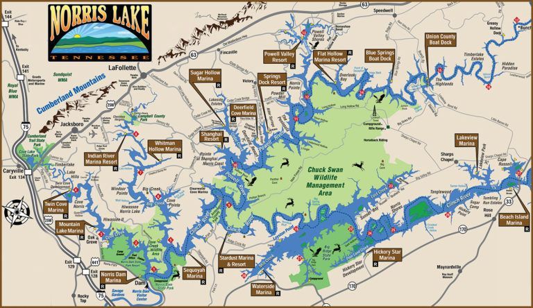 A map of norris lake shows a lot of water