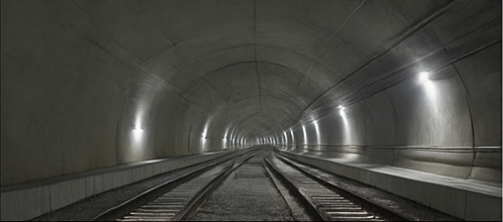 All'interno di una lunga galleria ferroviaria in cemento, con binari che si estendono a perdita d'occhio. Luci intense illuminano i lati.