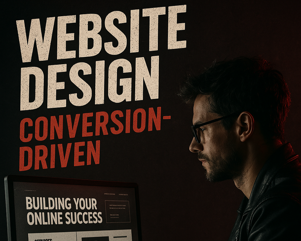 A man is looking at a computer screen with the words website design conversion driven behind him.