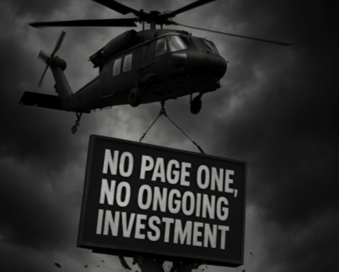 A helicopter is lifting a sign that says no page one no ongoing investment