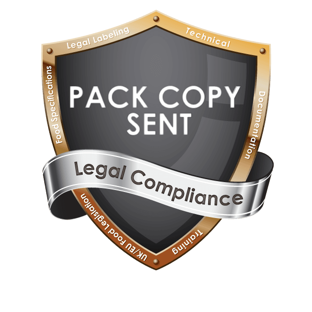 A shield with the words pack copy sent legal compliance on it