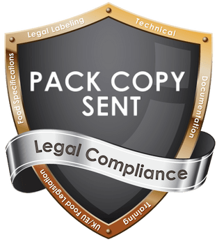 A shield with the words pack copy sent legal compliance on it