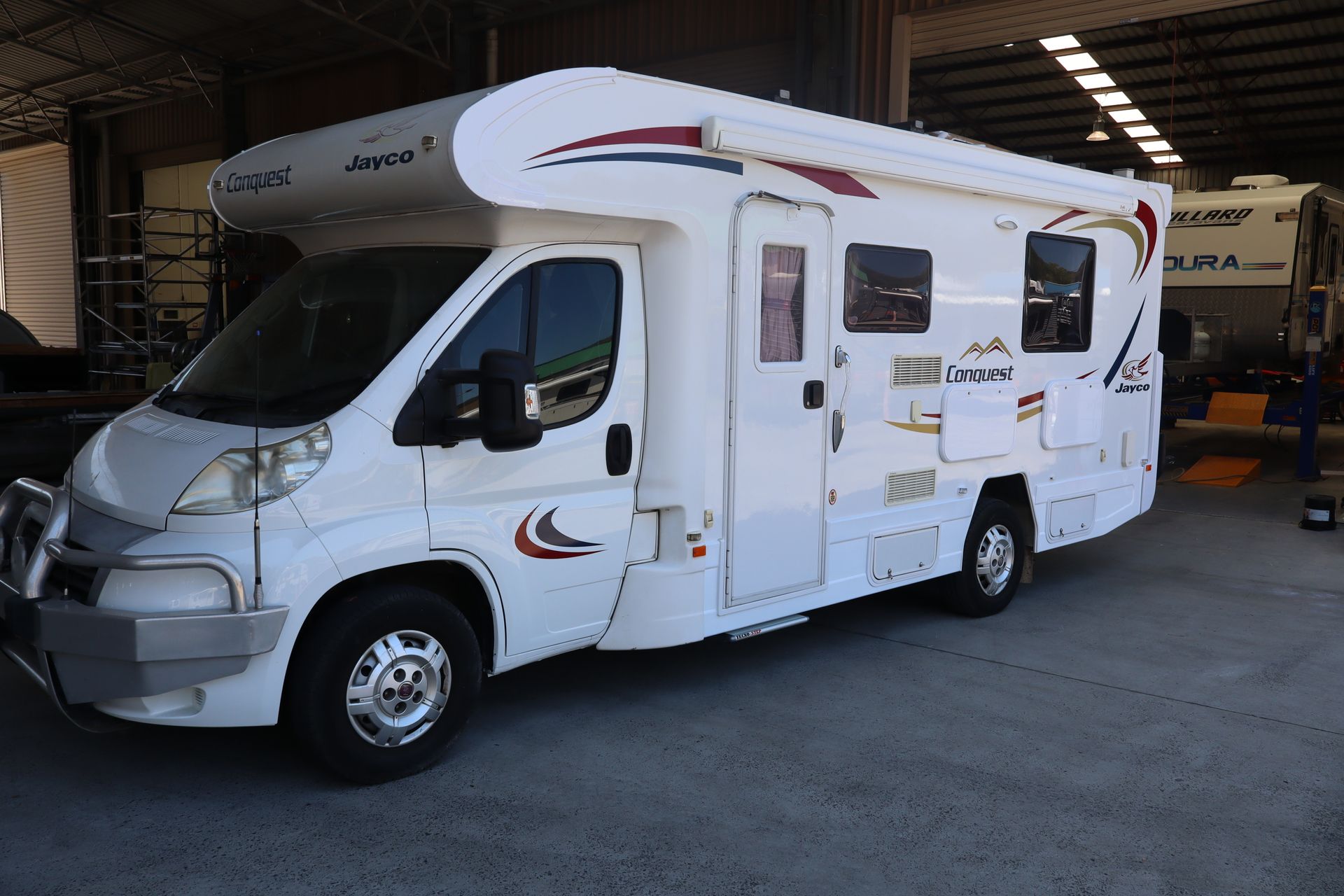 A motorhome being serviced.