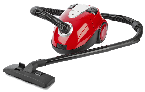 A red vacuum cleaner with a black hose on a white background.