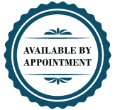 A blue and white badge that says `` available by appointment ''.