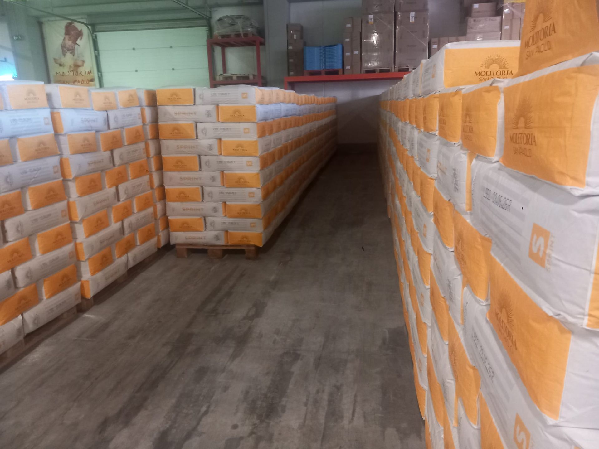 Una fila di pallet impilati con prodotti avvolti in sacchetti bianchi e coperti da teloni blu, si trova all'esterno di un lungo edificio industriale.