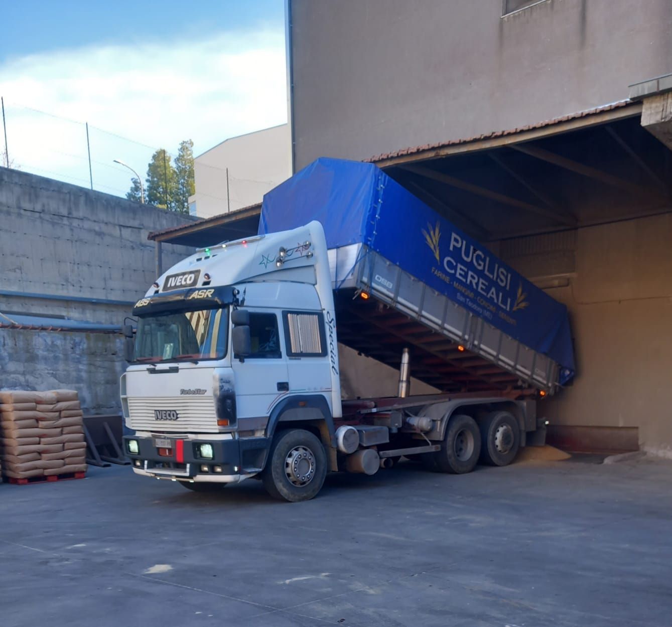 Un autocarro ribaltabile bianco della Puglisi Cereali, parcheggiato presso uno stabilimento, si è inclinato per scaricare un carico di grano in una baia coperta.