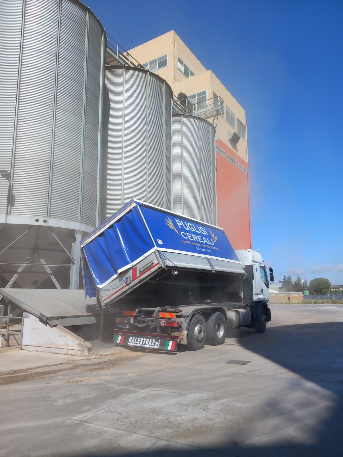In una giornata di sole, un camion blu con il rimorchio sollevato sta scaricando materiale sfuso in silos industriali presso uno stabilimento.
