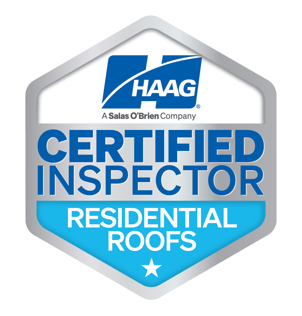 HAAG Certified Inspector badge for residential roofs. Blue, white, and silver.