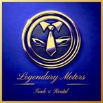 Logo bleu et or avec l'inscription « Legendary Motors », une calandre stylisée et le texte « Trade & Rental ».