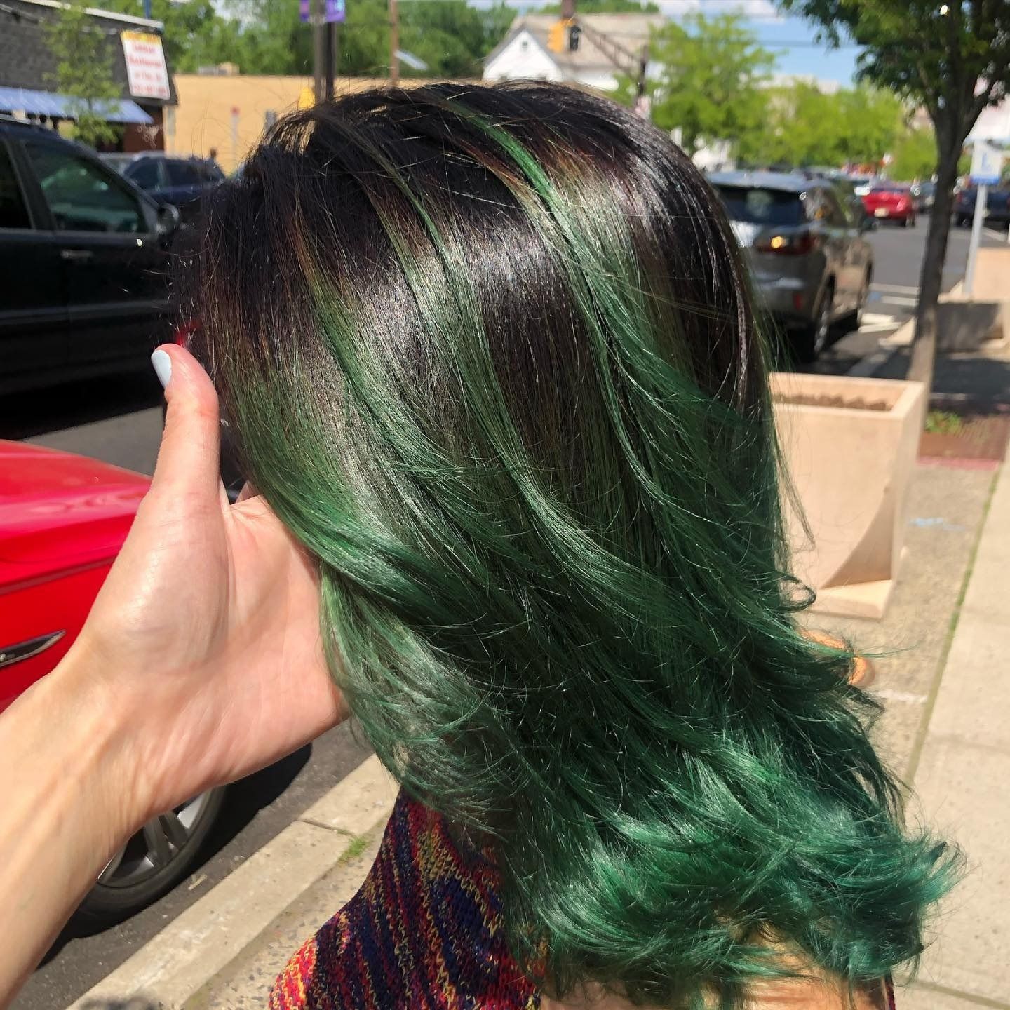 Green hair highlights photo, Salon Envy,  hair salon in Highland Park, NJ near New Brunswick and Edison.