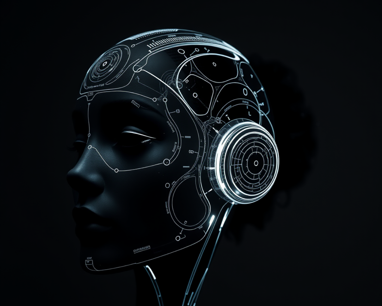 Head with glowing white circuit design, headphones on black background, to symbolize AI audibility