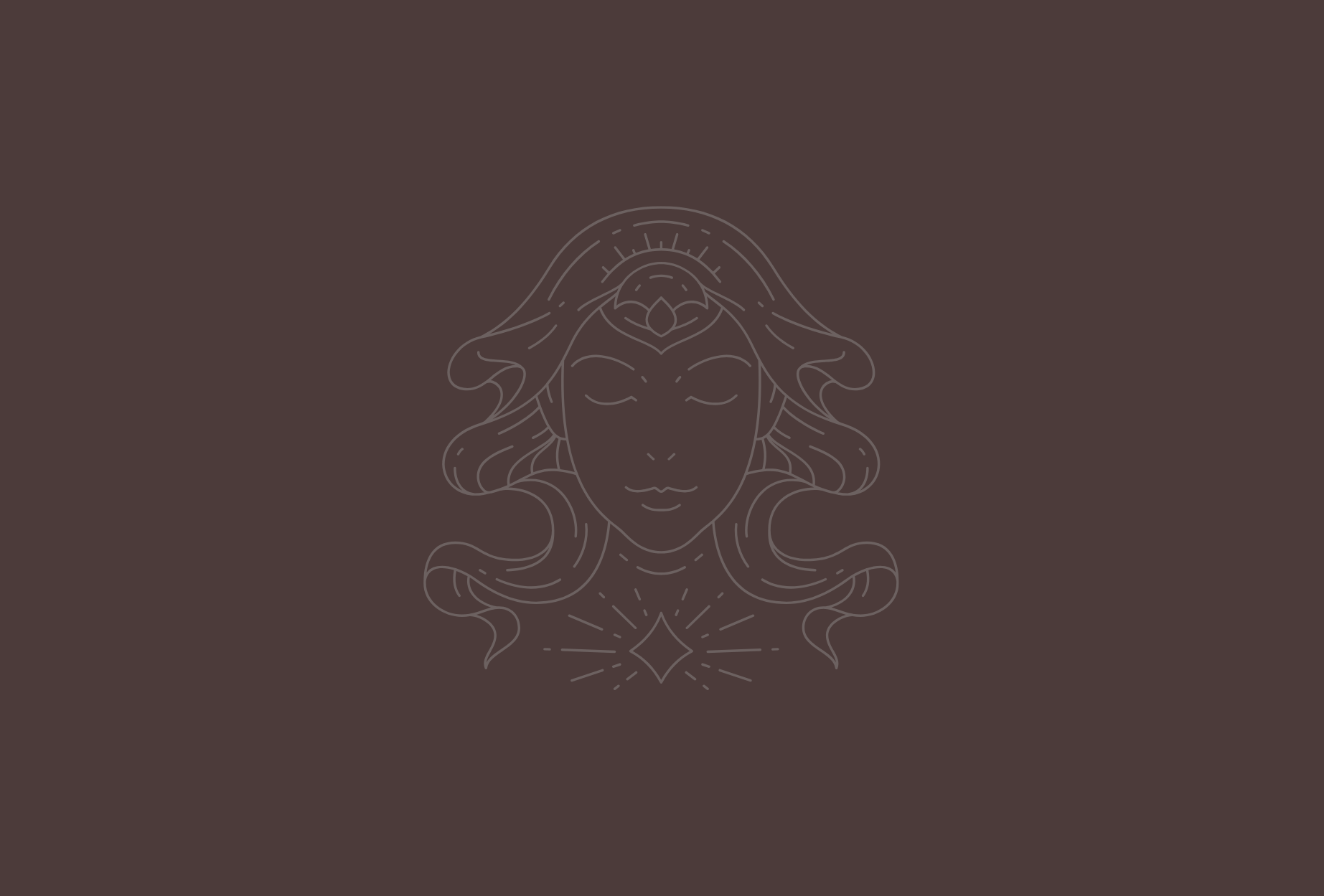Outline of a woman's face with flowing hair, closed eyes, and a gem on a brown background.