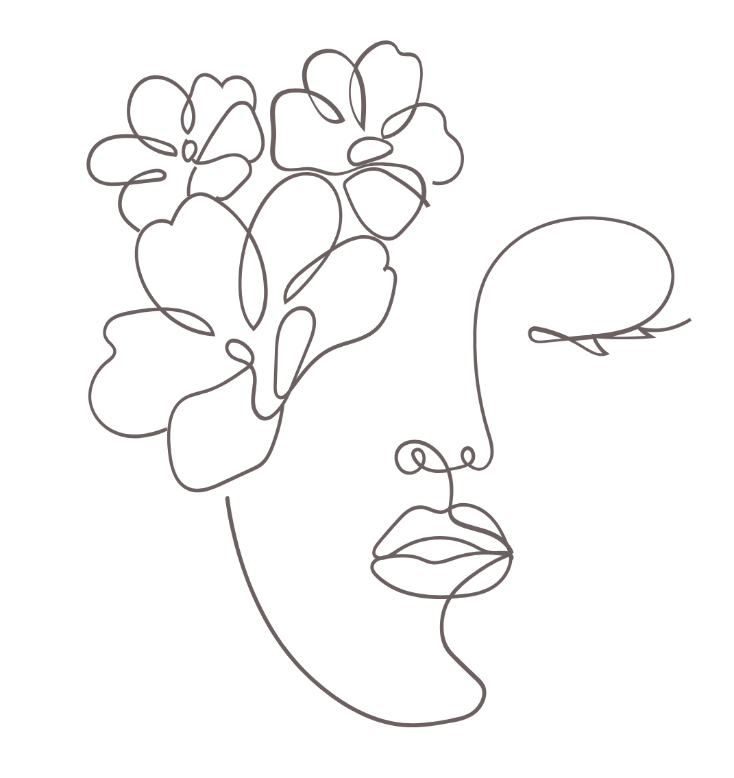 Line drawing of a woman's face with flowers in her hair, styled in a minimalist fashion.
