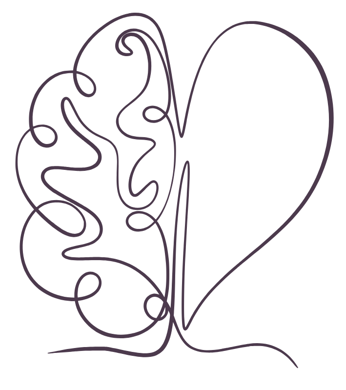 Line drawing of a brain and a heart merging, symbolizing thought and emotion.