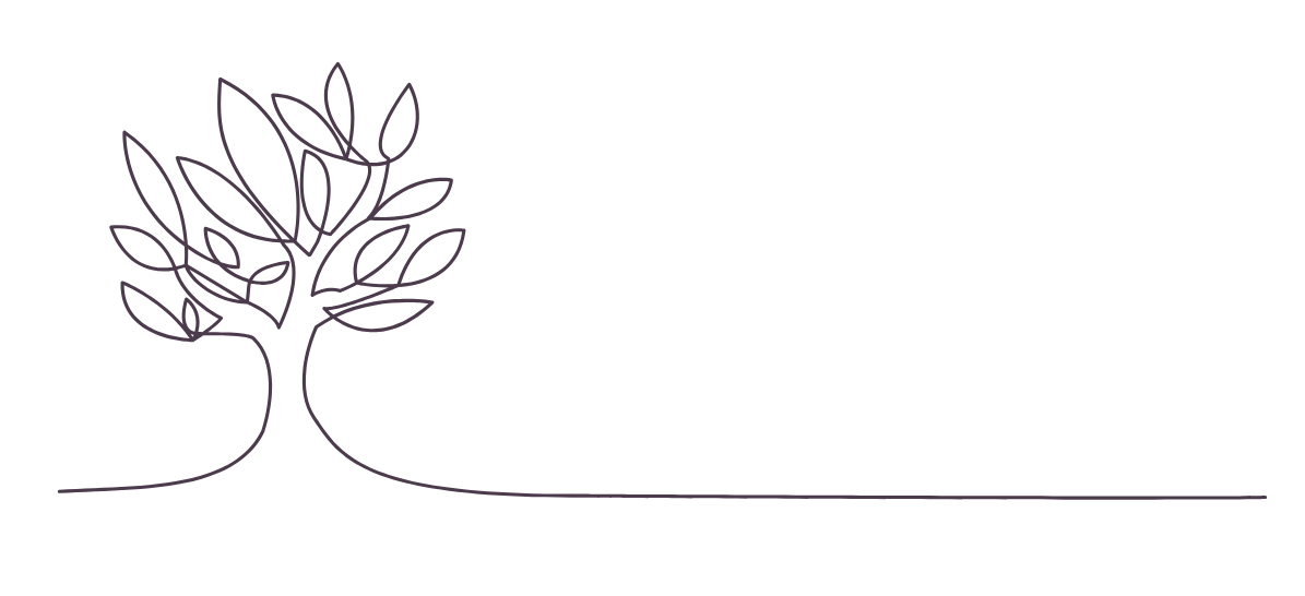 Line drawing of a tree with leaves, a trunk, and a horizontal line representing the ground.