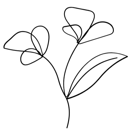 Black line drawing of two abstract flowers and a leaf on a stem.
