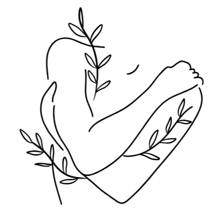 Line drawing of person hugging themselves, entwined with leafy vines.