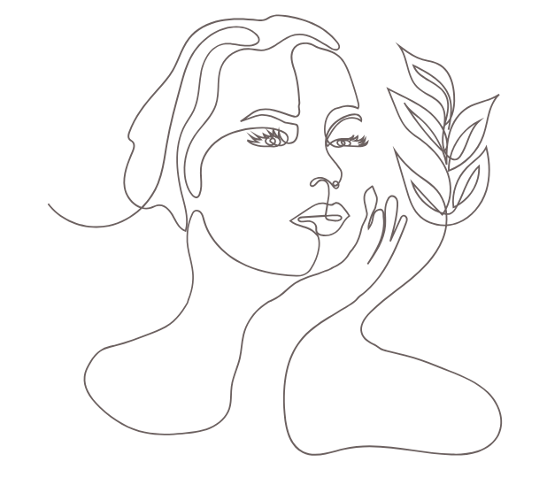 Line drawing of a woman's face and hand, holding a branch.