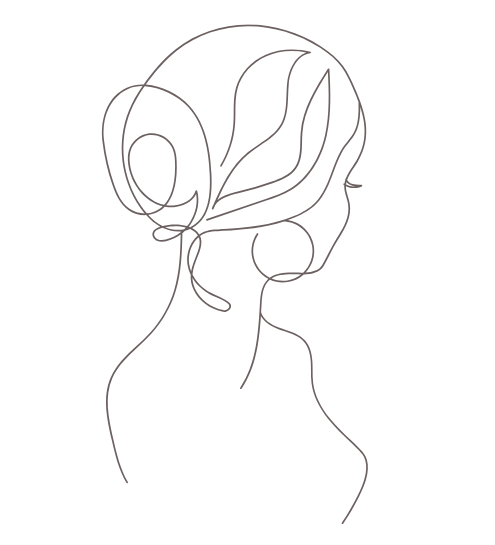 Woman's back profile, minimalist line drawing. Hair up, delicate earrings, bare shoulders.