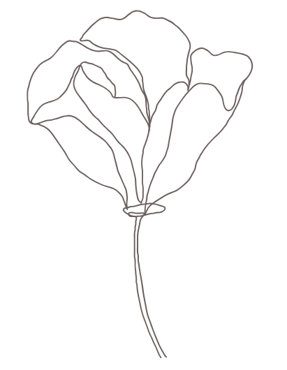 Line drawing of a stylized flower with petals and a stem.