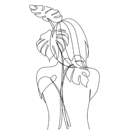 Woman from the back, with monstera leaves. One-line drawing.