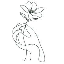 Delicate line drawing of a hand holding a flower.